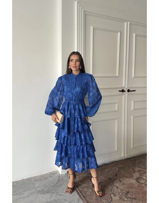 aks Valonlu Şeritli Kat Kat Elbise