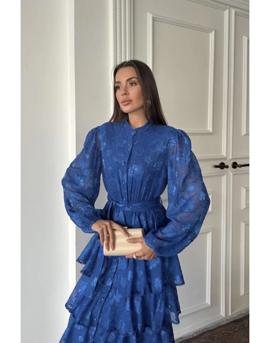 aks Valonlu Şeritli Kat Kat Elbise