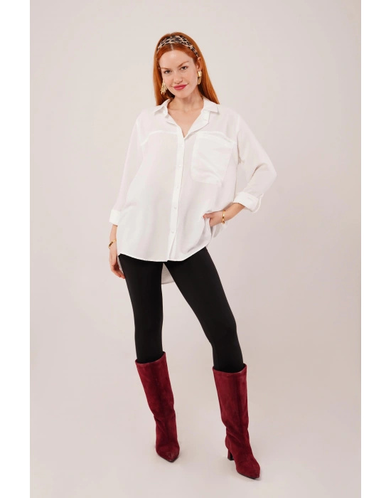 alaş Kesim Cepli Beyaz Gömlek