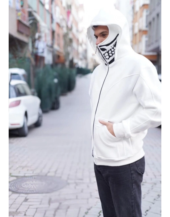 amuray Kapşonlu ZIP Fermuarlı Çift Kapşonlu Nakışlı weathirt Beyaz