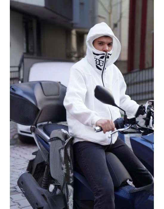 amuray Kapşonlu ZIP Fermuarlı Çift Kapşonlu Nakışlı weathirt Beyaz