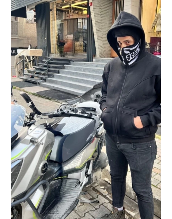 amuray Kapşonlu ZIP Fermuarlı Çift Kapşonlu Nakışlı weathirt iyah