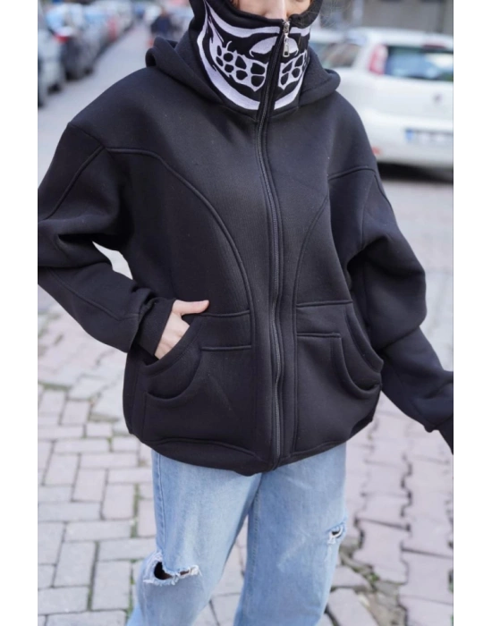 amuray Kapşonlu ZIP Fermuarlı Çift Kapşonlu Nakışlı weathirt iyah