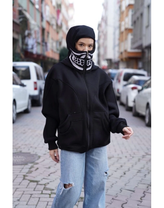 amuray Kapşonlu ZIP Fermuarlı Çift Kapşonlu Nakışlı weathirt iyah