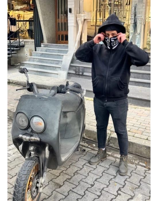 amuray Kapşonlu ZIP Fermuarlı Çift Kapşonlu Nakışlı weathirt iyah