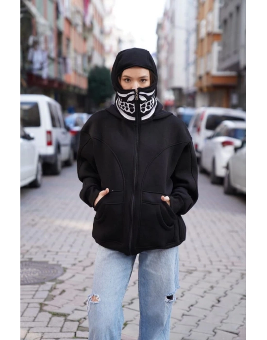 amuray Kapşonlu ZIP Fermuarlı Çift Kapşonlu Nakışlı weathirt iyah