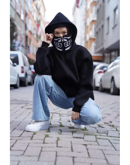 amuray Kapşonlu ZIP Fermuarlı Çift Kapşonlu Nakışlı weathirt iyah