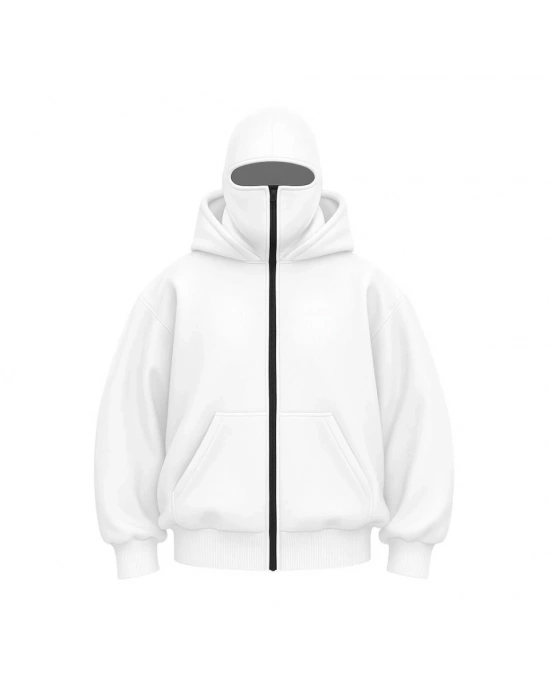 amuray Ninja Çift Kapşonlu ZIP Fermuarlı Kanguru Çepli Hoodie aske Detaylı wetshirt  Beyaz