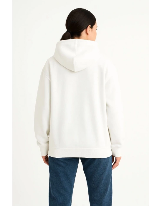 amuray Ninja Çift Kapşonlu ZIP Fermuarlı Kanguru Çepli Hoodie aske Detaylı wetshirt  Beyaz