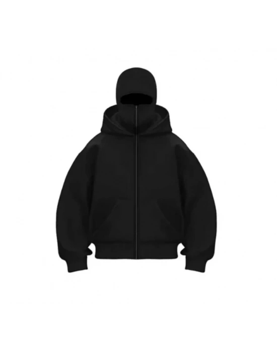 amuray Ninja Çift Kapşonlu ZIP Fermuarlı Kanguru Çepli Hoodie aske Detaylı wetshirt  iyah