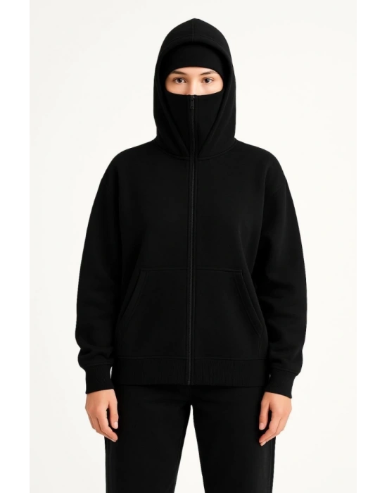 amuray Ninja Çift Kapşonlu ZIP Fermuarlı Kanguru Çepli Hoodie aske Detaylı wetshirt  iyah