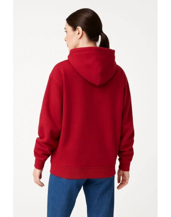 amuray Ninja Çift Kapşonlu ZIP Fermuarlı Kanguru Çepli Hoodie aske Detaylı wetshirt  Kırmızı