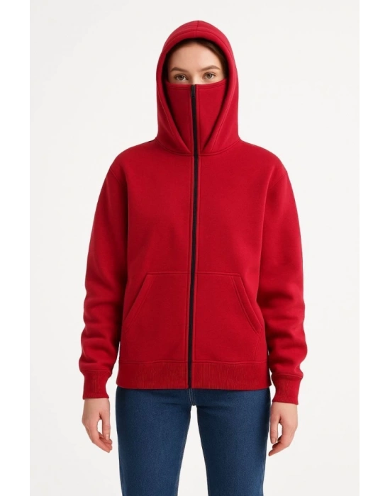 amuray Ninja Çift Kapşonlu ZIP Fermuarlı Kanguru Çepli Hoodie aske Detaylı wetshirt  Kırmızı