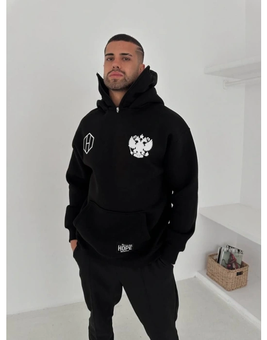 amuray Ninja Çift Kapşonlu ZIP Fermuarlı Kanguru Çepli Tam Fermuarlı Hoodie ön Ve Arka Baskılı aske Detaylı wetshirt  iyah