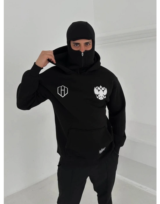 amuray Ninja Çift Kapşonlu ZIP Fermuarlı Kanguru Çepli Tam Fermuarlı Hoodie ön Ve Arka Baskılı aske Detaylı wetshirt  iyah