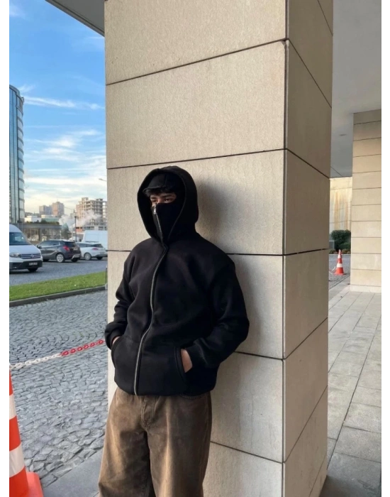 amuray Ninja Çift Kapşonlu ZIP Fermuarlı Kanguru Çepli Tam Fermuarlı Hoodie wetshirt  iyah