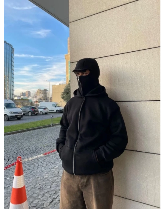 amuray Ninja Çift Kapşonlu ZIP Fermuarlı Kanguru Çepli Tam Fermuarlı Hoodie wetshirt  iyah