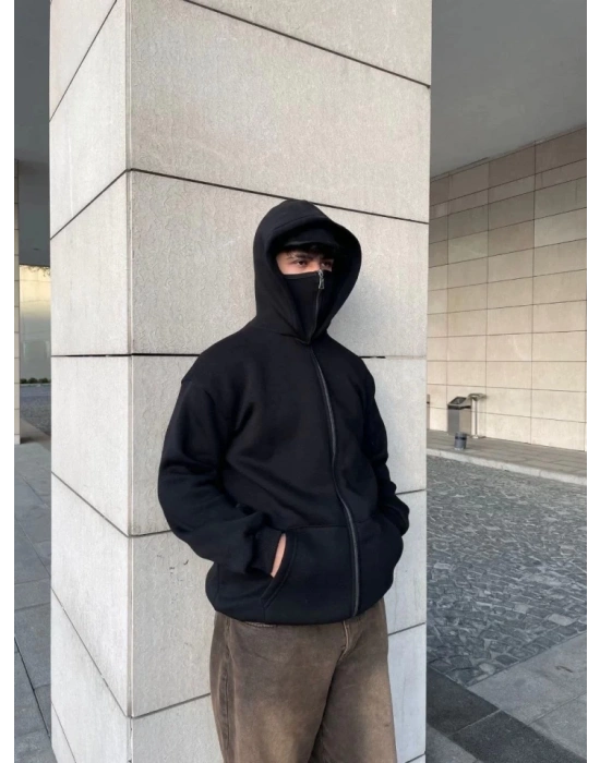 amuray Ninja Çift Kapşonlu ZIP Fermuarlı Kanguru Çepli Tam Fermuarlı Hoodie wetshirt  iyah