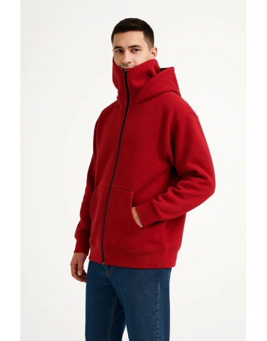 amuray Ninja Çift Kapşonlu ZIP Fermuarlı Kanguru Çepli Tam Fermuarlı Hoodie wetshirt  Kırmızı