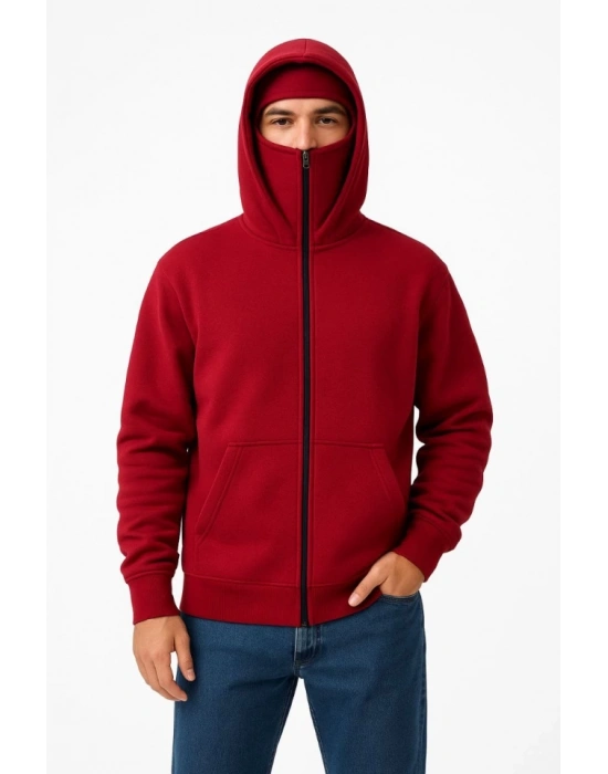amuray Ninja Çift Kapşonlu ZIP Fermuarlı Kanguru Çepli Tam Fermuarlı Hoodie wetshirt  Kırmızı