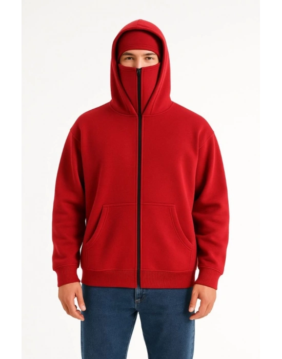 amuray Ninja Çift Kapşonlu ZIP Fermuarlı Kanguru Çepli Tam Fermuarlı Hoodie wetshirt  Kırmızı