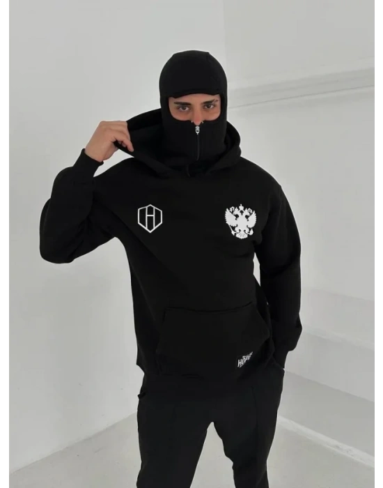 amuray Ninja Çift Kapşonlu ZIP Fermuarlı Kanguru Çepli Tam Fermuarlı ön Arka  iyah
