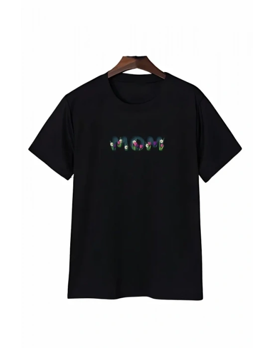 Anneler Günü om Çiçek Temalı Baskılı Oversize Bisiklet Yaka Tshirt  iyah