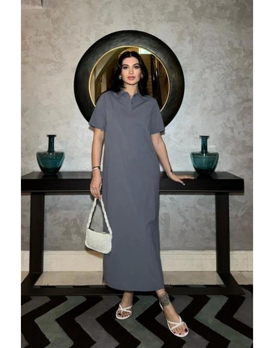 anque Polo Yaka Yırtmaçlı Elbise 26898