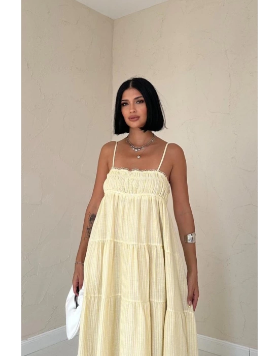 arı Askılı Parçalı Çizgili üslin Elbise