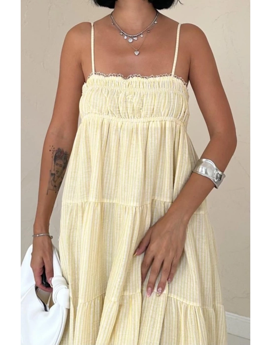 arı Askılı Parçalı Çizgili üslin Elbise