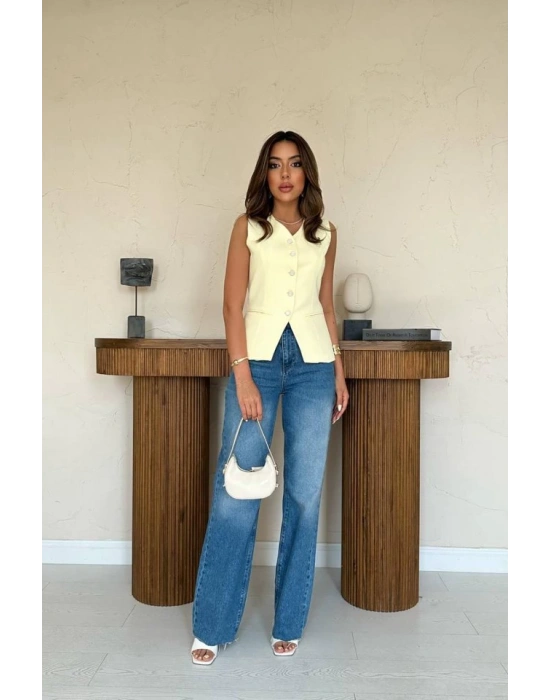 Sarı Belden Oturtma Detaylı Düğmeli Yelek