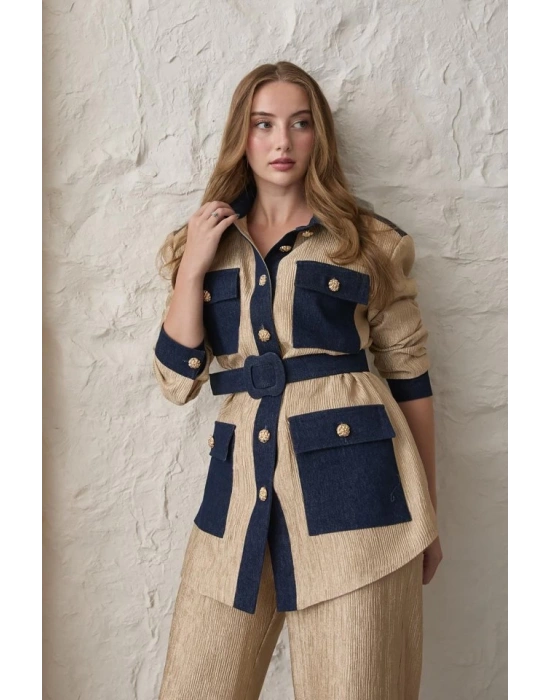 arı Garnili Cepli Gömlek Ve Pantolon Takım