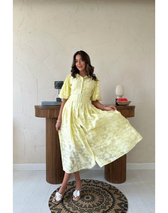 arı Kemerli Balon Kollu Elbise