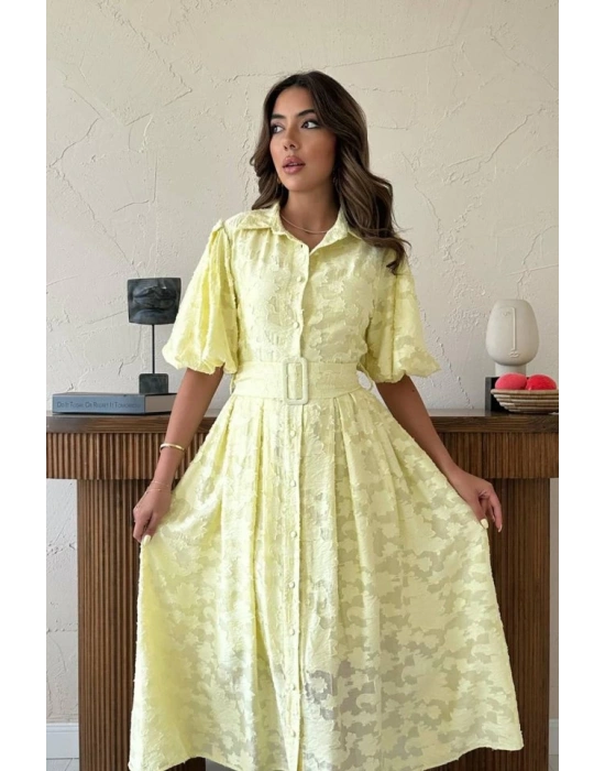 arı Kemerli Balon Kollu Elbise