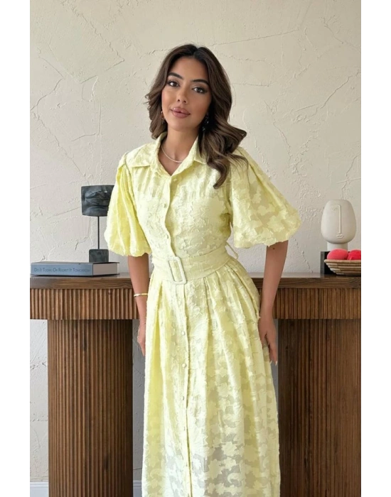 arı Kemerli Balon Kollu Elbise