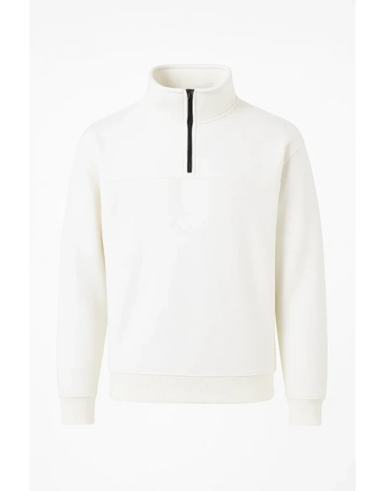 Arka Yarım Fermuarlı Oversize Yakalı Basic weathirt  Beyaz