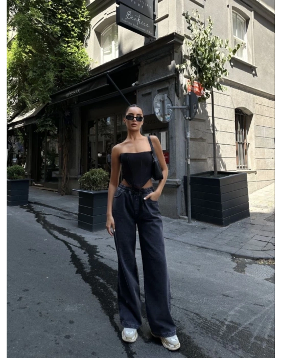 Arkadan Yırtmaçlı Jeans Kot Palazzo Pantolon  iyah