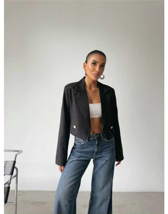 ARKASI İNCİ DÜĞME DETAYI CROP CEKET  Siyah