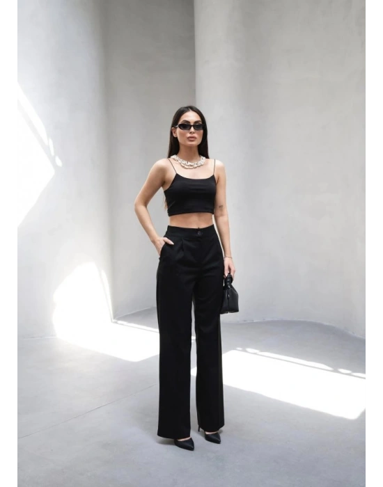 Arkasi Lasti̇kli̇ Pi̇leli̇ Dökümlü Wide Leg Pantolon