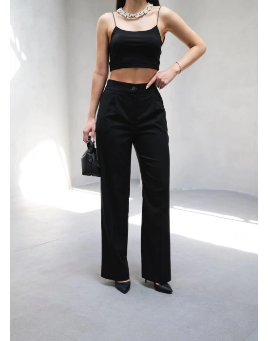 Arkasi Lasti̇kli̇ Pi̇leli̇ Dökümlü Wide Leg Pantolon