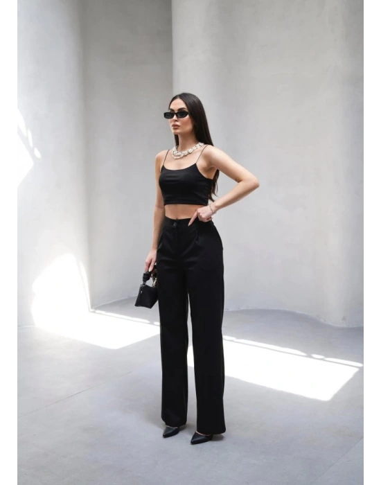 Arkasi Lasti̇kli̇ Pi̇leli̇ Dökümlü Wide Leg Pantolon