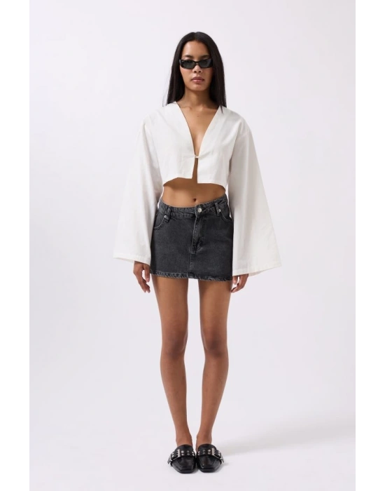 Asimetrik Bel Denim Mini Etek