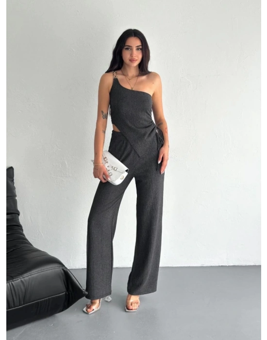 Asimetrik Crop Pantalon Ikili Takım  Füme