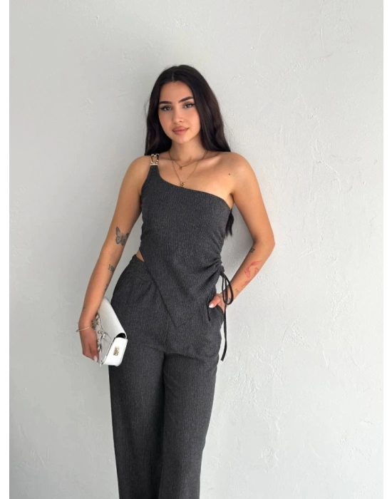 Asimetrik Crop Pantalon Ikili Takım  Füme