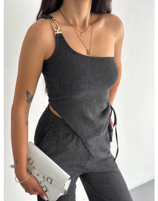 Asimetrik Crop Pantalon Ikili Takım  Füme