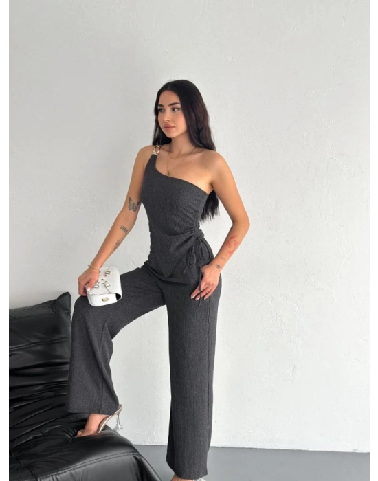 Asimetrik Crop Pantalon Ikili Takım  Füme