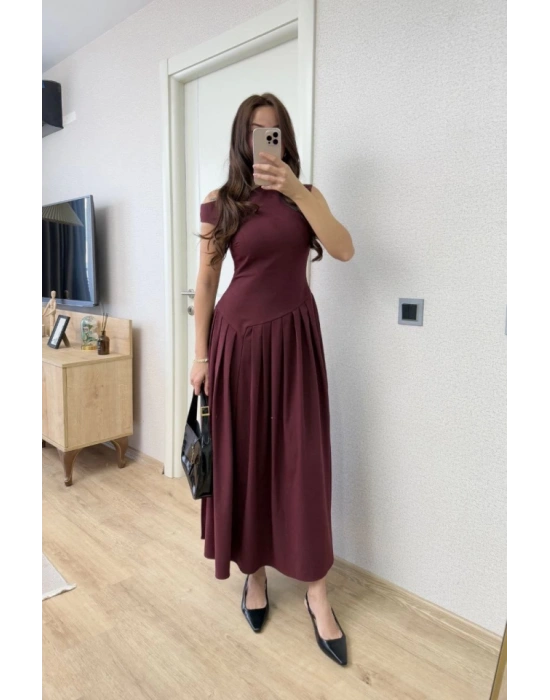 Asimetrik Düşük Yaka Kolsuz Uzun Elbise  Bordo