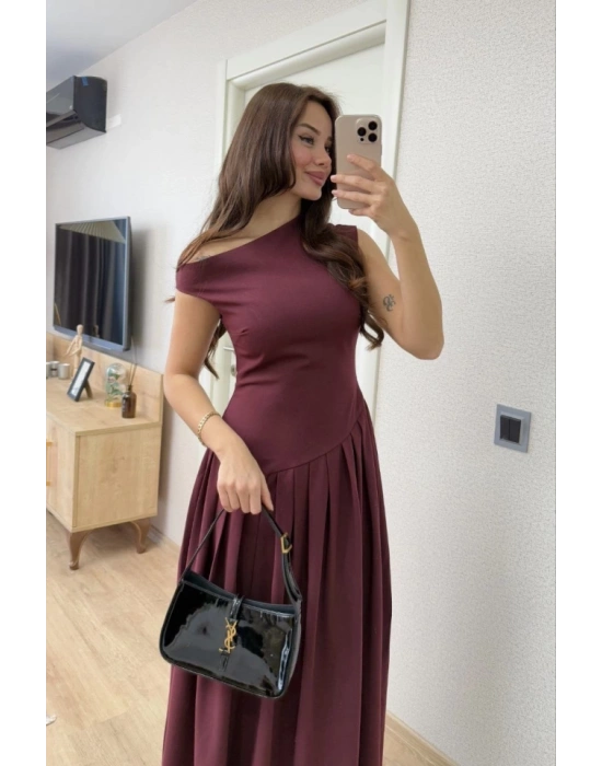 Asimetrik Düşük Yaka Kolsuz Uzun Elbise  Bordo