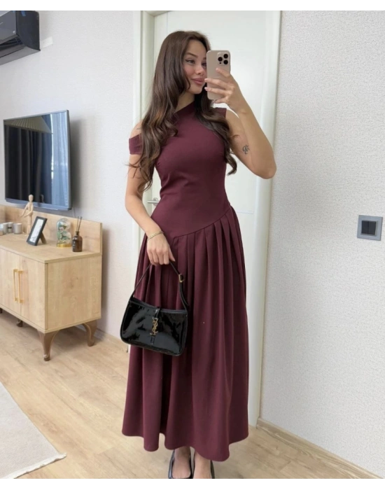Asimetrik Düşük Yaka Kolsuz Uzun Elbise  Bordo