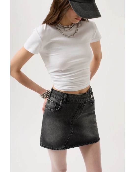 Asimetrik Kemer Denim Mini Etek